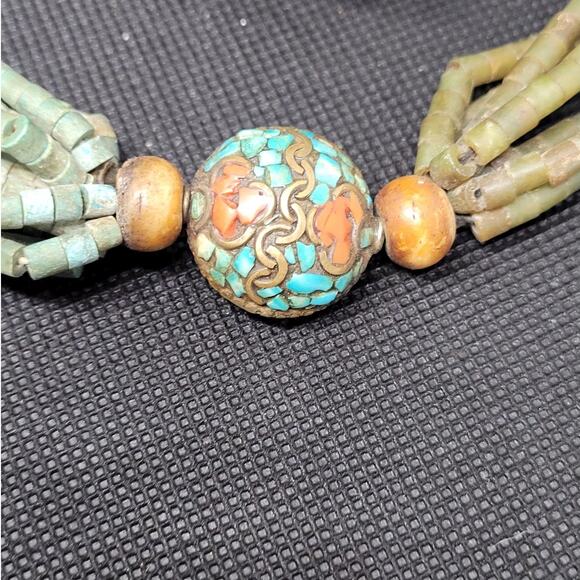 Traditional Moroccan Berber Beaded Necklace with Turquoise and‎ Coral Accents - Picture 6 of 10